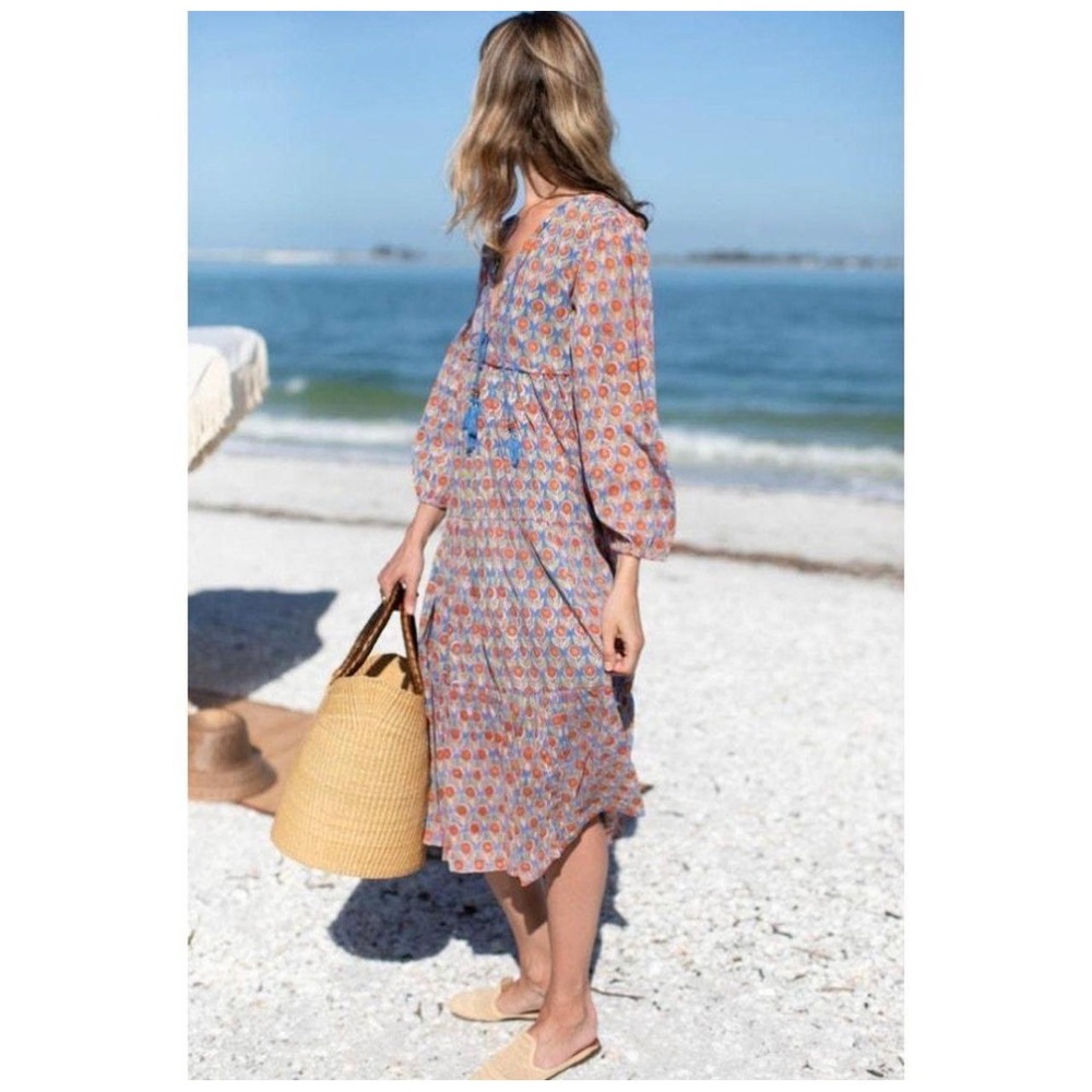 Emerson Fry India Collection Organic Cotton Hand Block Print Tiered‎ Dress Small